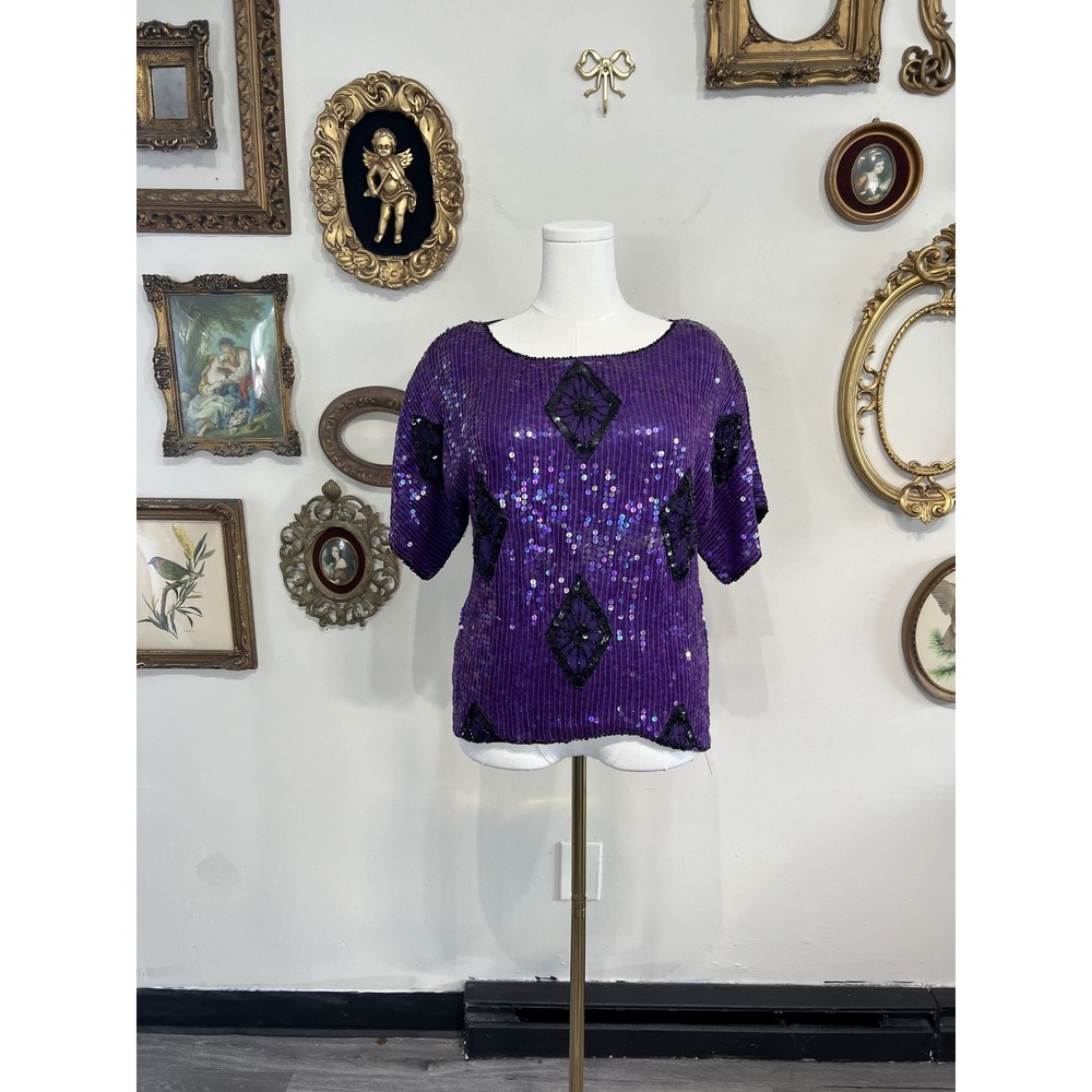 JLB Vintage Pure Silk Sequin Beaded Diamond Blouse Purple M